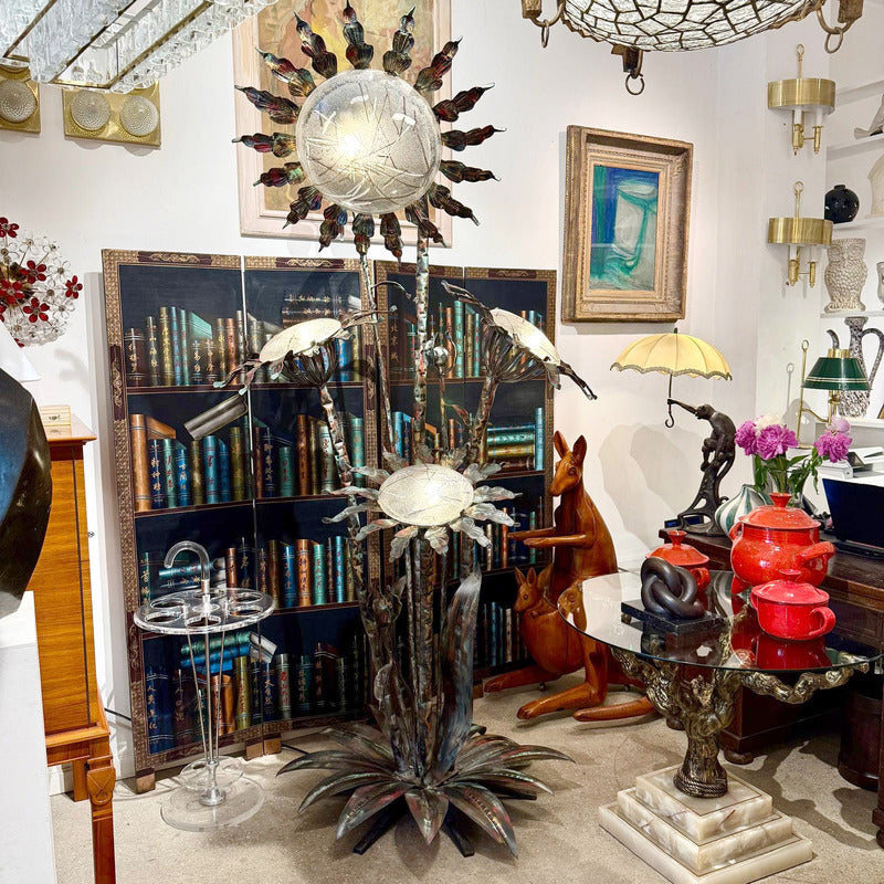 Extra Large Sculptural Wrought Iron Floor Lamp with Frosted Glass, 1970s/80s