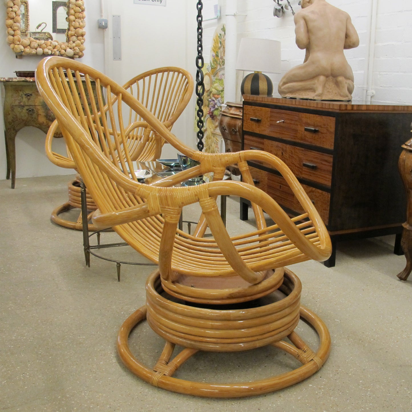 Mid-Century French Bamboo Lounge Chairs with Swivel Rocking Bases