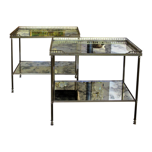 1950s Pair of Two-Tier Side tables with Antiqued Mirror by Maison Bagues, French