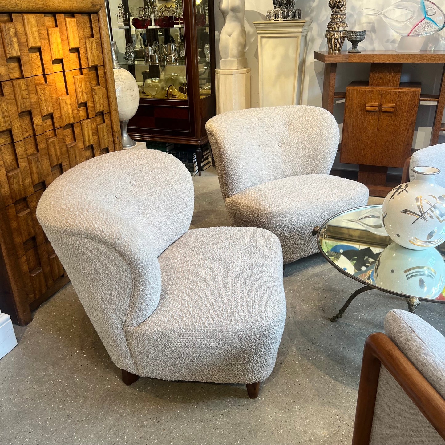 Pair of Vintage Finnish Lounge Chairs in Textured Beige Fabric