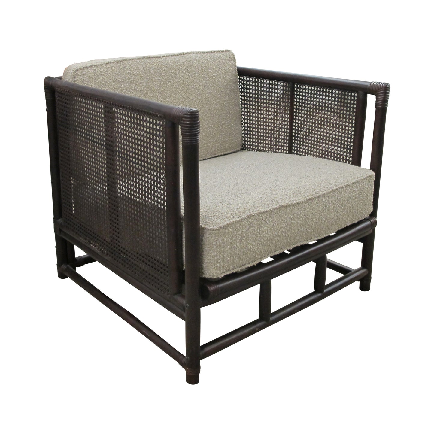 Pair of French Mid-Century Bamboo and Rattan Armchairs with Boucle Upholstery