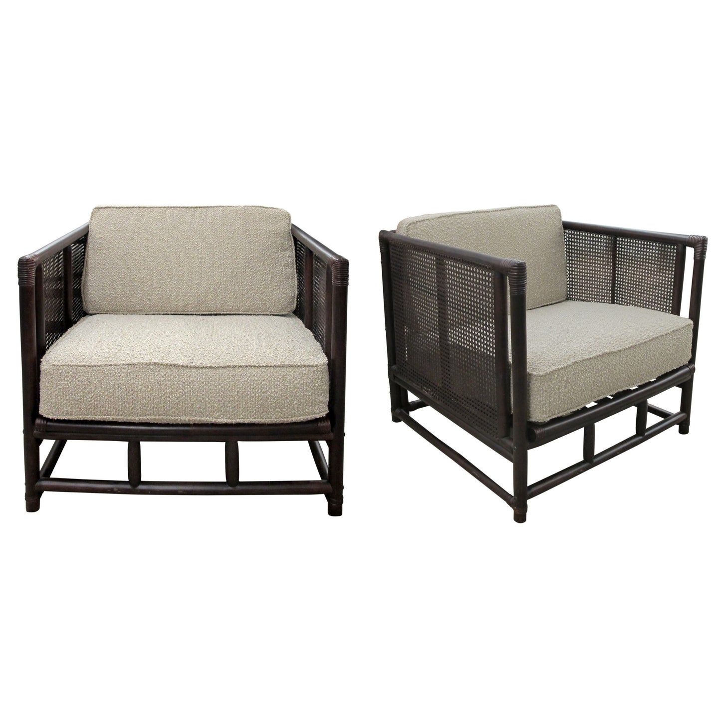 Pair of French Mid-Century Bamboo and Rattan Armchairs with Boucle Upholstery