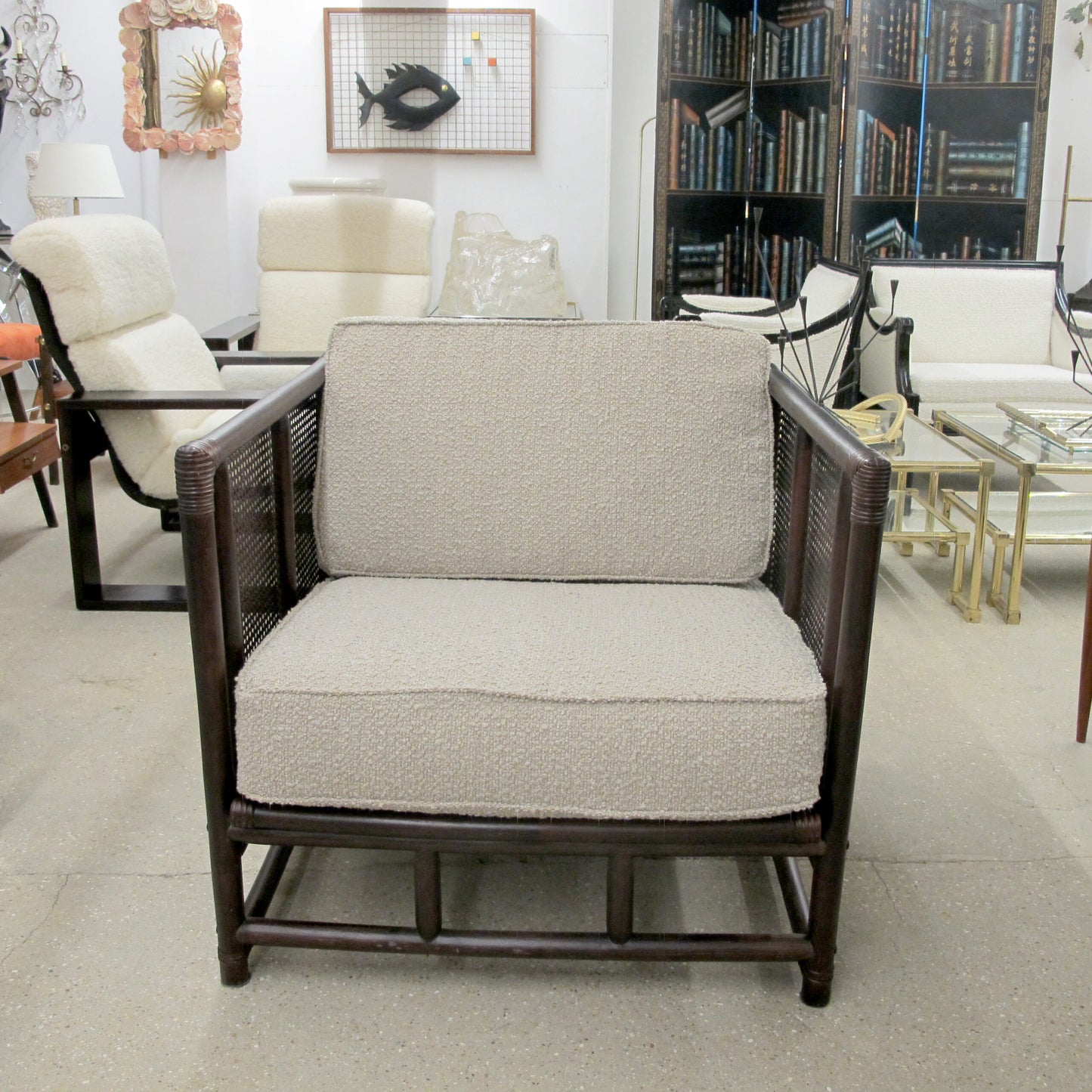 Pair of French Mid-Century Bamboo and Rattan Armchairs with Boucle Upholstery