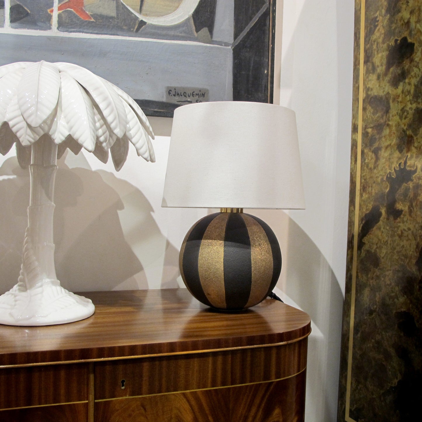 1950s Pair of Spherical Black and Gold Ceramic Table lamps, Italian