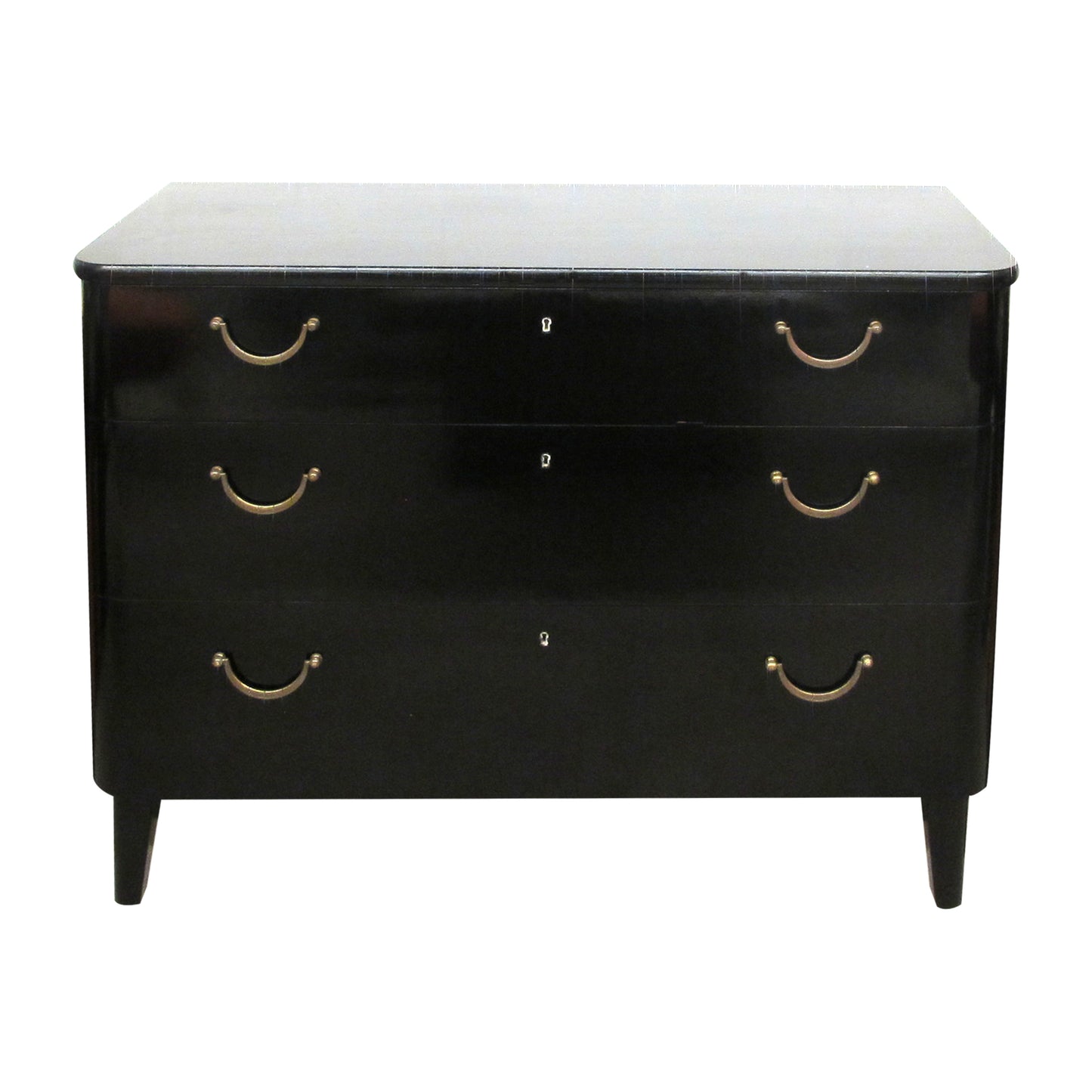 1950s Swedish Black Polished Chest of Drawers with Brass Handles