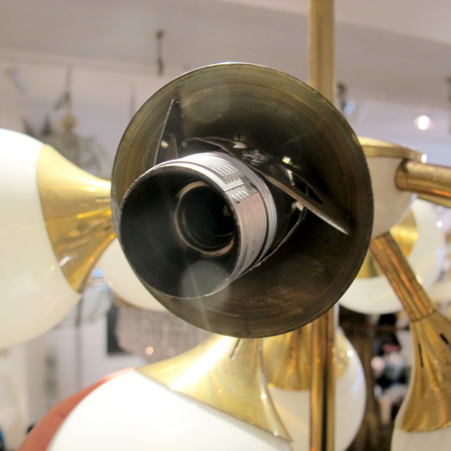 1970s Swedish Brass Chandelier with Opaline Glass Globes