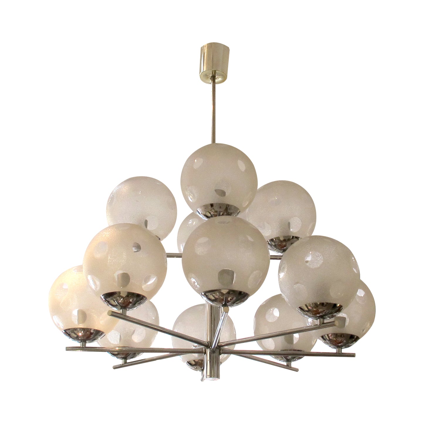 1960s Belgian Geometric Chrome and Frosted Glass Globe Chandelier