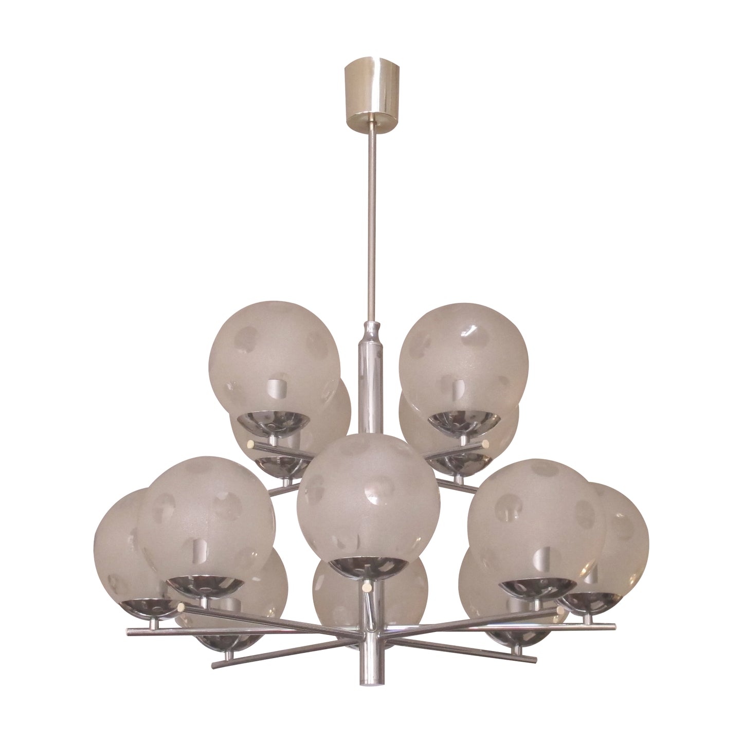 1960s Belgian Geometric Chrome and Frosted Glass Globe Chandelier