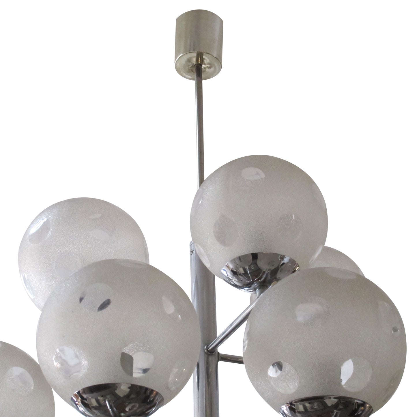 1960s Belgian Geometric Chrome and Frosted Glass Globe Chandelier