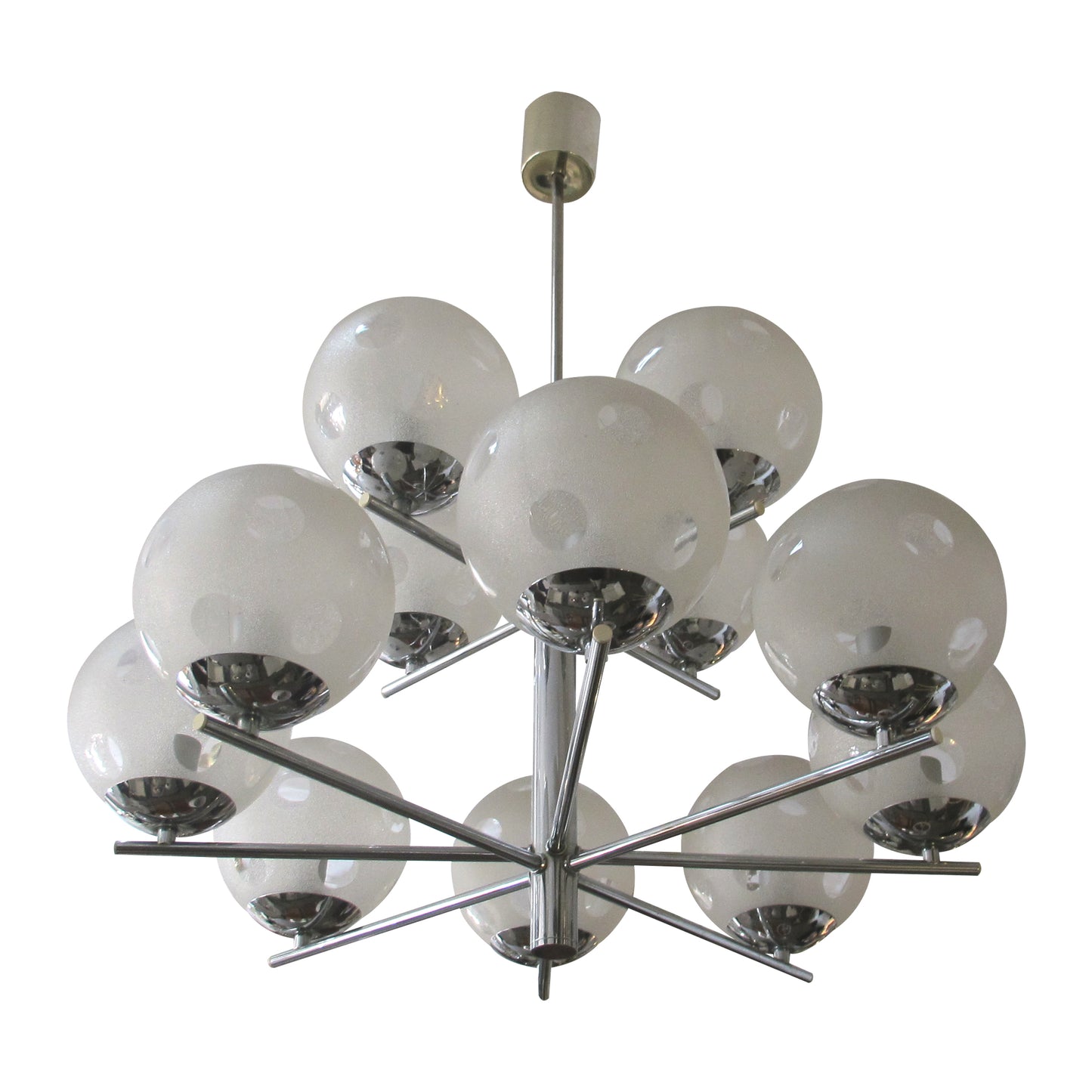 1960s Belgian Geometric Chrome and Frosted Glass Globe Chandelier