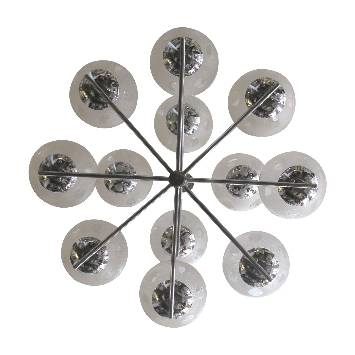 1960s Belgian Geometric Chrome and Frosted Glass Globe Chandelier