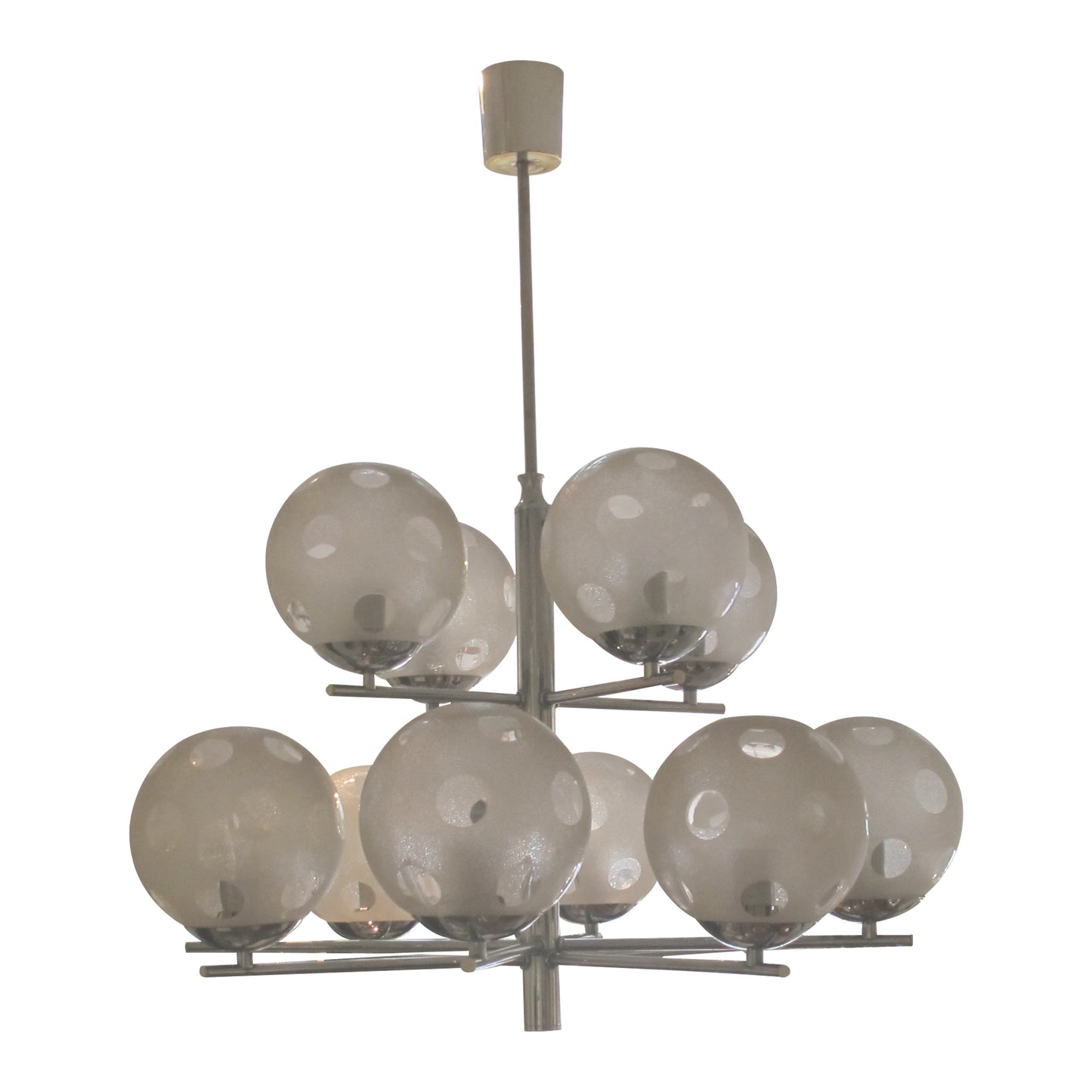 1960s Belgian Geometric Chrome and Frosted Glass Globe Chandelier