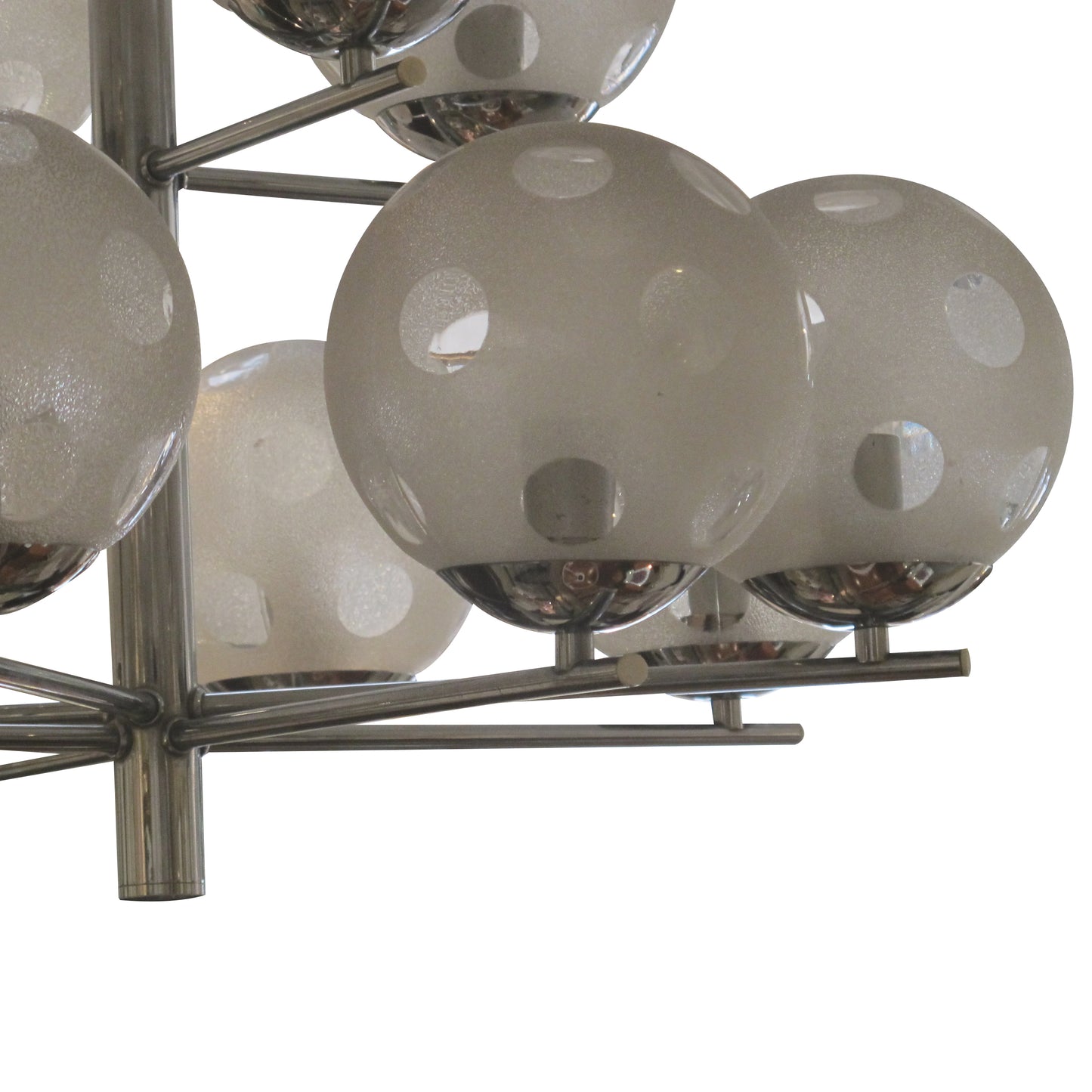 1960s Belgian Geometric Chrome and Frosted Glass Globe Chandelier