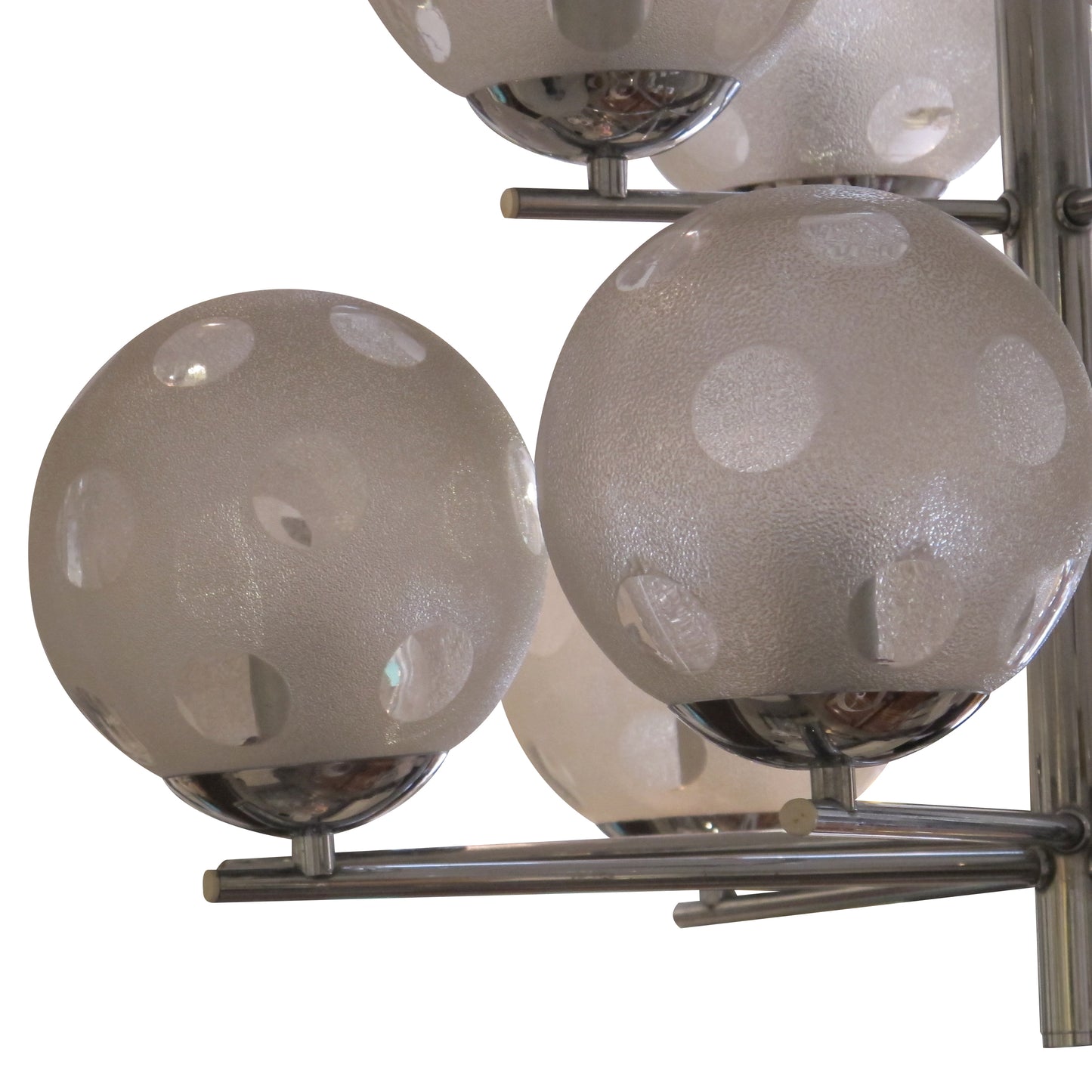 1960s Belgian Geometric Chrome and Frosted Glass Globe Chandelier