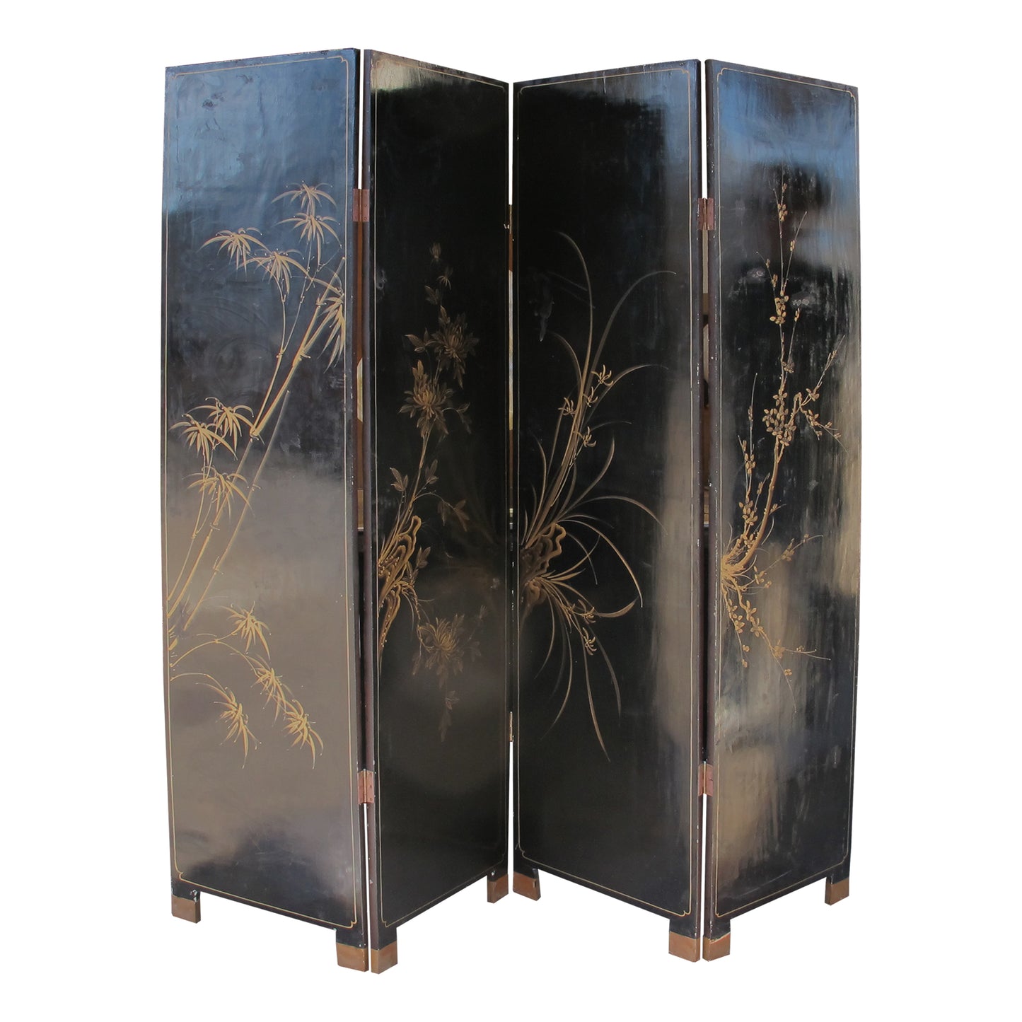 1950s Chinese Coromandel Four-Panel Screen with Trompe-l'œil Bookshelves and Gilded Floral Motifs
