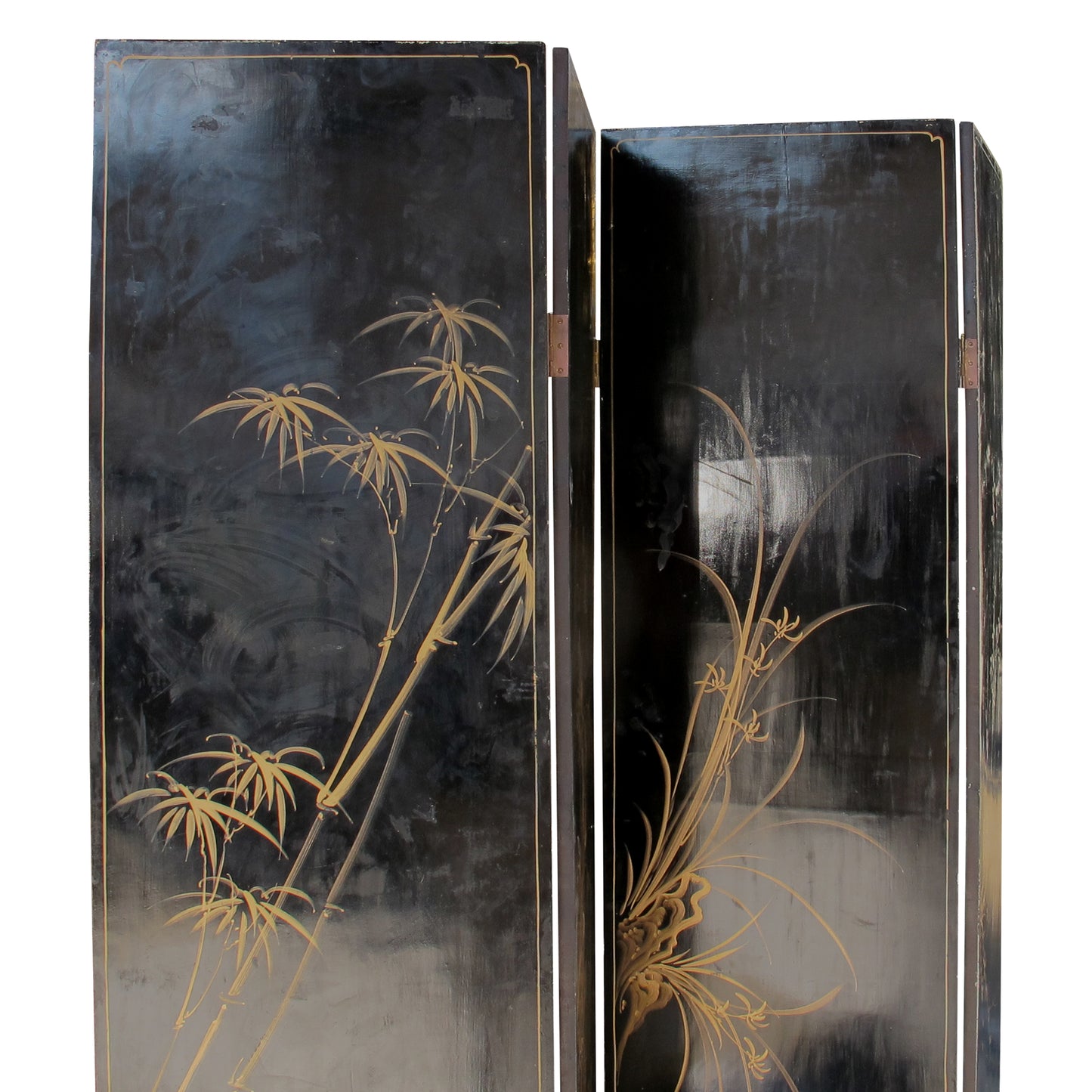 1950s Chinese Coromandel Four-Panel Screen with Trompe-l'œil Bookshelves and Gilded Floral Motifs