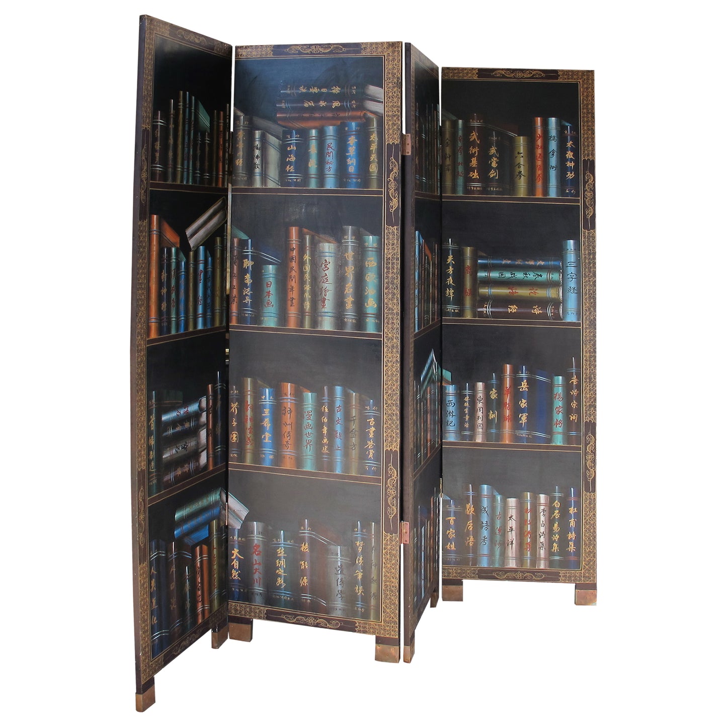 1950s Chinese Coromandel Four-Panel Screen with Trompe-l'œil Bookshelves and Gilded Floral Motifs