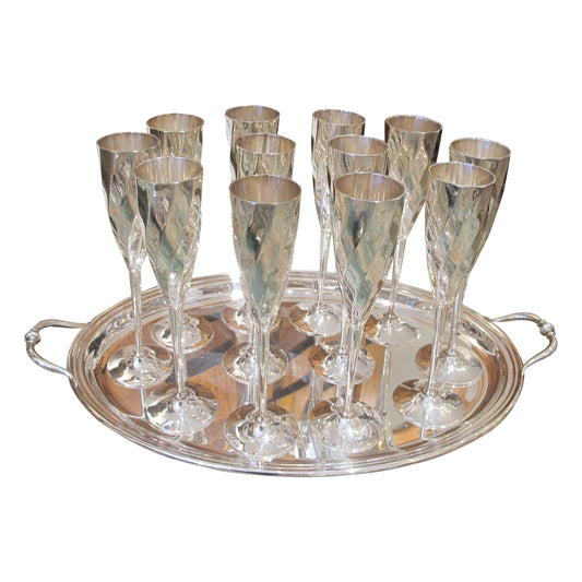 Set of 12 Silver-Plated Champagne Flutes with Tray, Stamped Saint Hilaire – French, 1970s