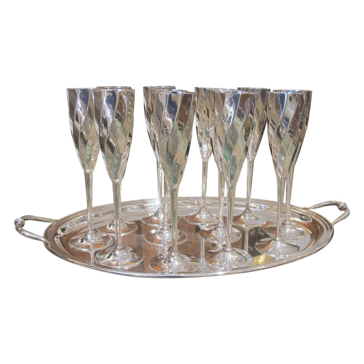Set of 12 Silver-Plated Champagne Flutes with Tray, Stamped Saint Hilaire – French, 1970s