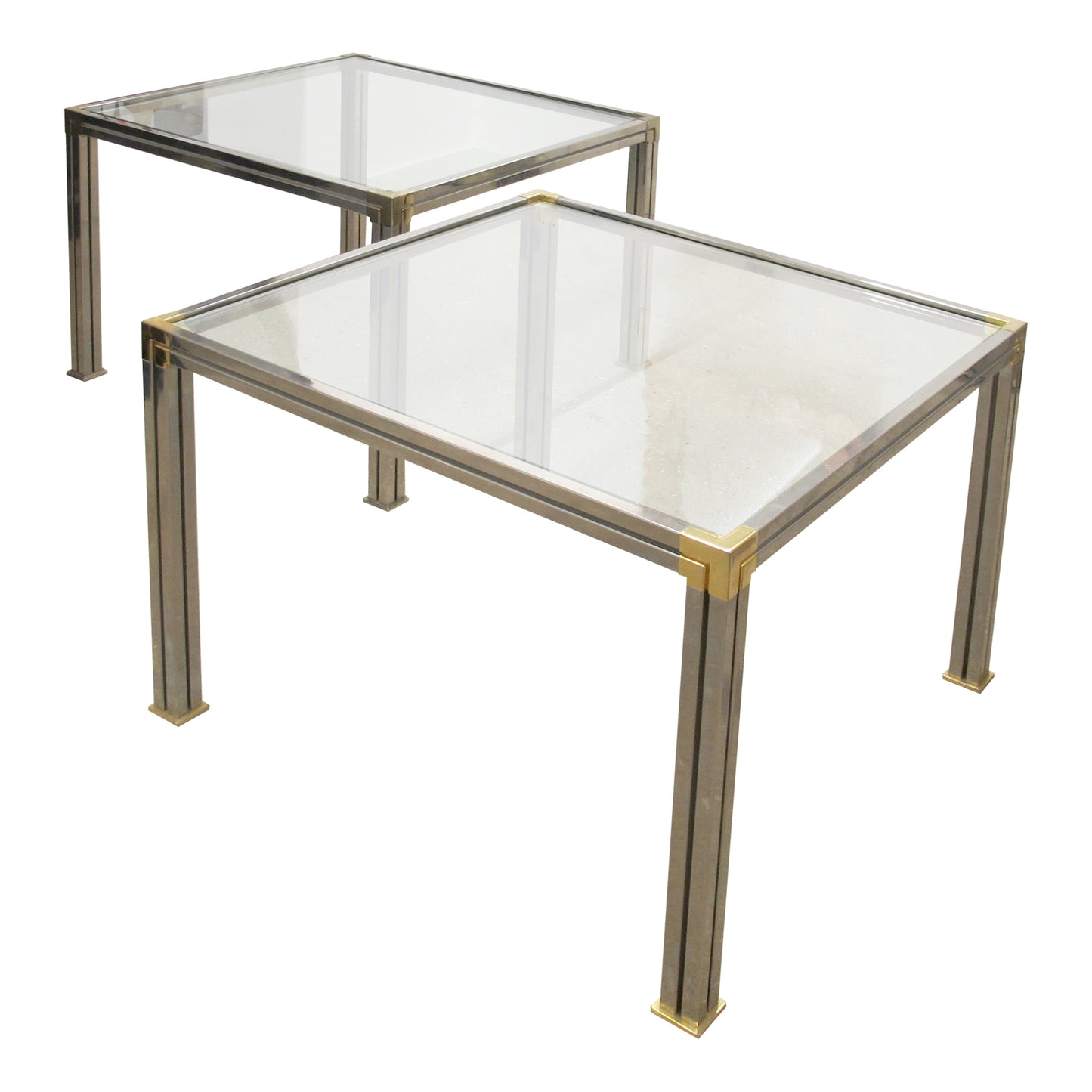 Pair of Chrome and Brass Side Tables with Clear Glass Tops, Belgium, 1970s