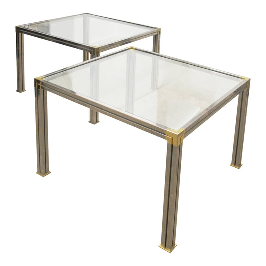 Pair of Chrome and Brass Side Tables with Clear Glass Tops, Belgium, 1970s