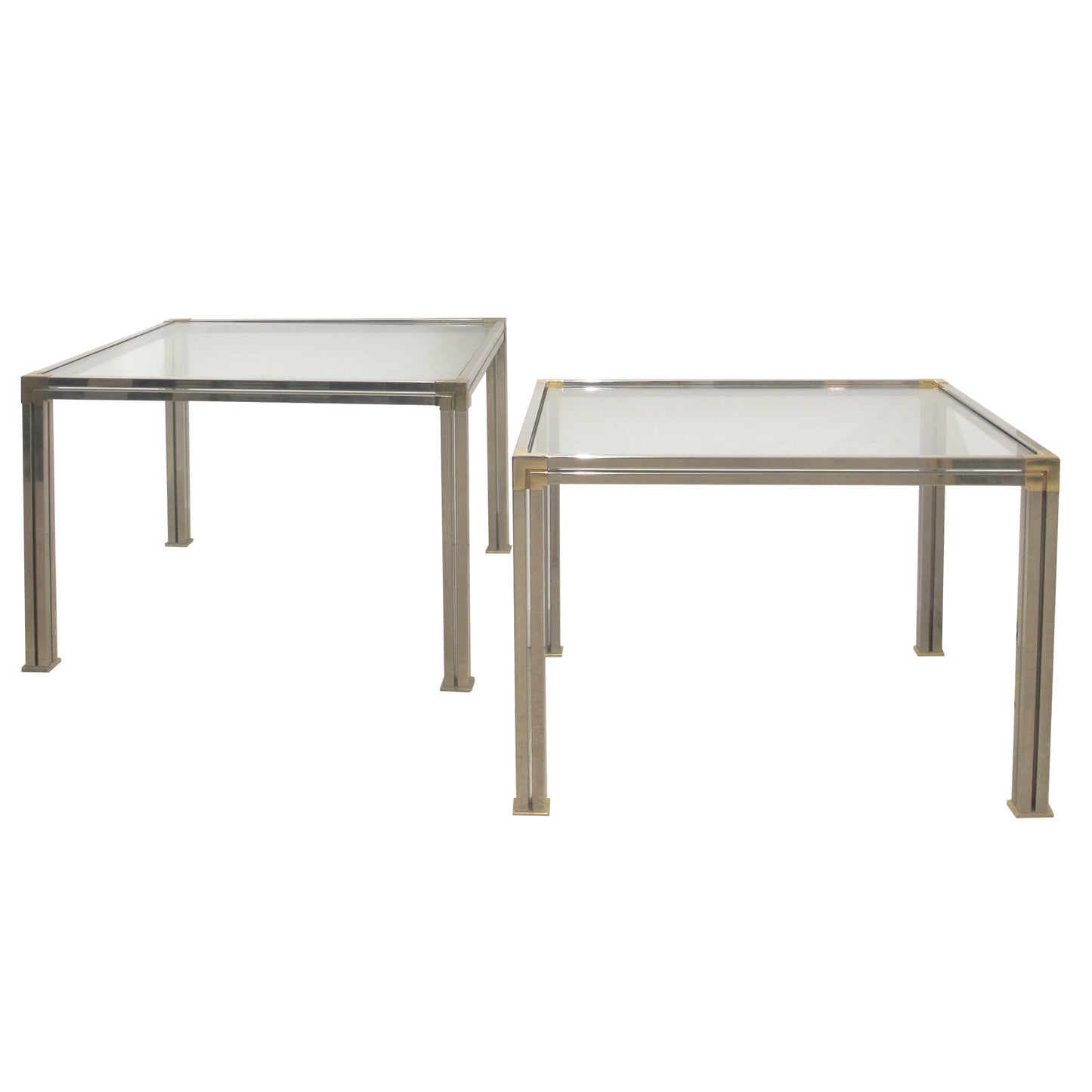 Pair of Chrome and Brass Side Tables with Clear Glass Tops, Belgium, 1970s