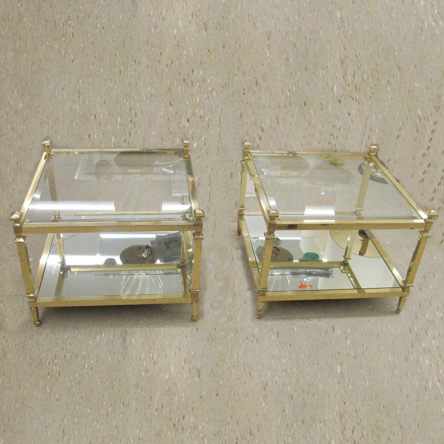 Pair of 1970s Italian Brass and Glass Two-Tier Side Tables with Mirrored Shelves