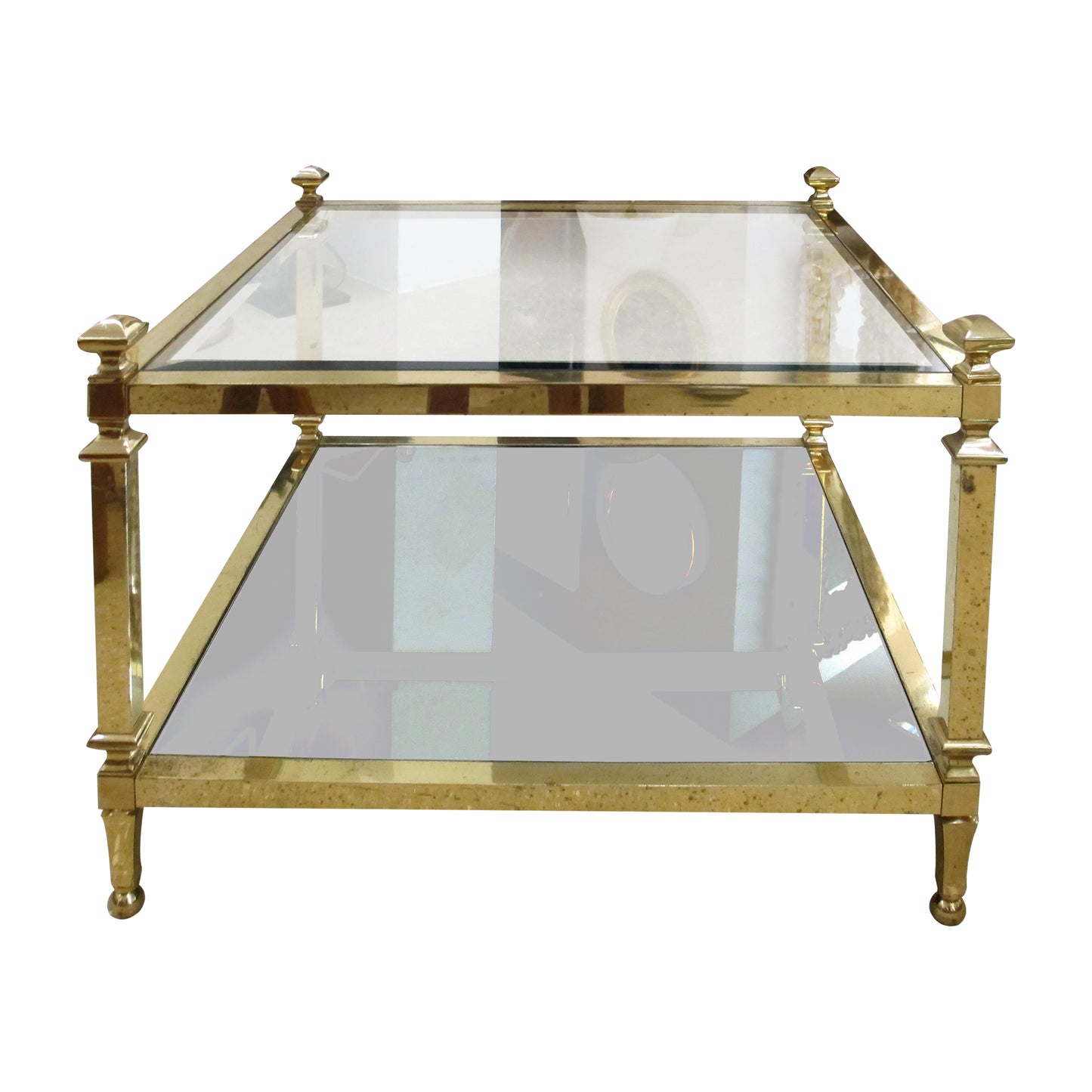 Pair of 1970s Italian Brass and Glass Two-Tier Side Tables with Mirrored Shelves