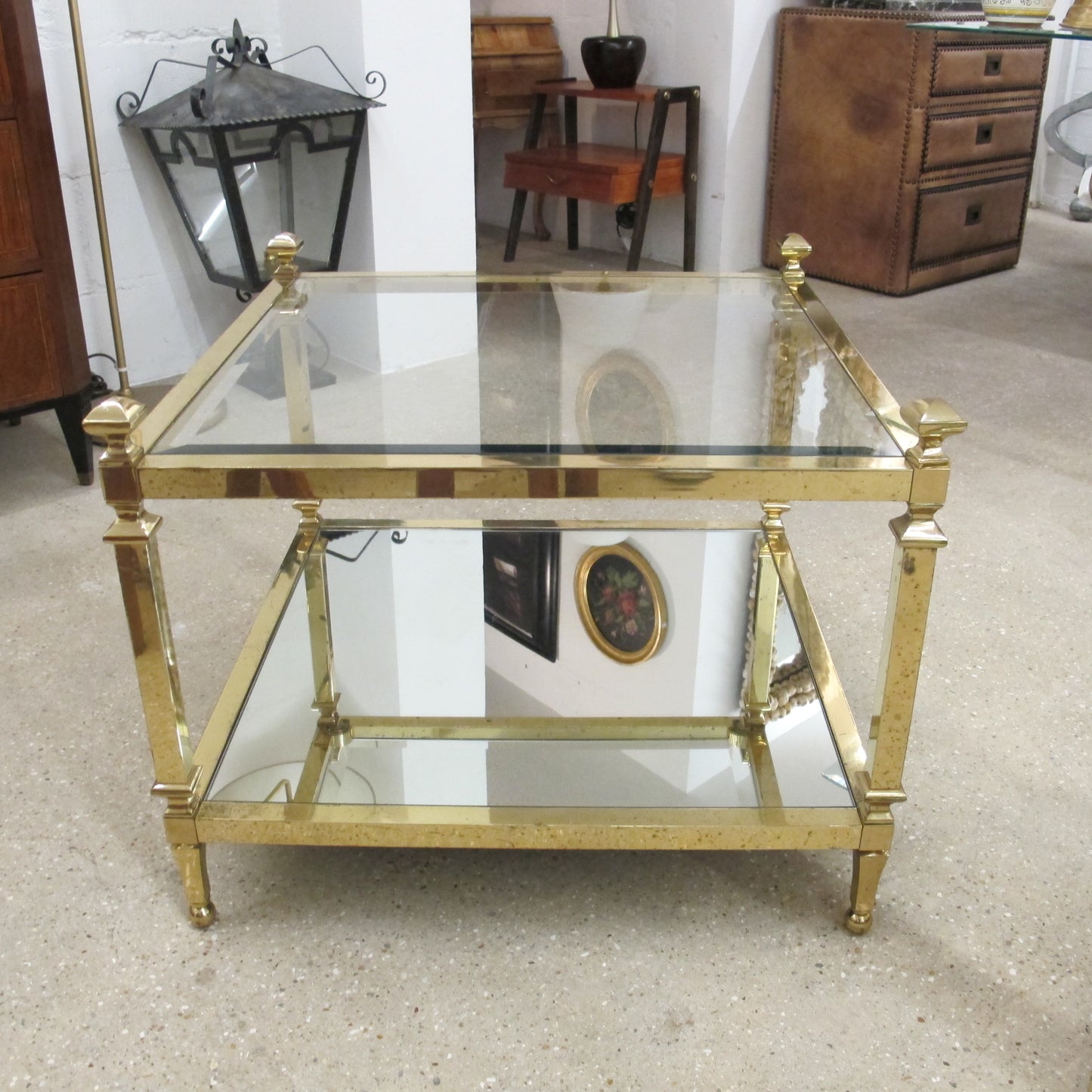 Pair of 1970s Italian Brass and Glass Two-Tier Side Tables with Mirrored Shelves