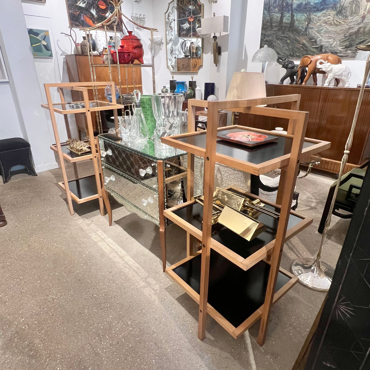 Pair of 1970s/80s Structural Blonde Maple and Black Wood Shelving Units