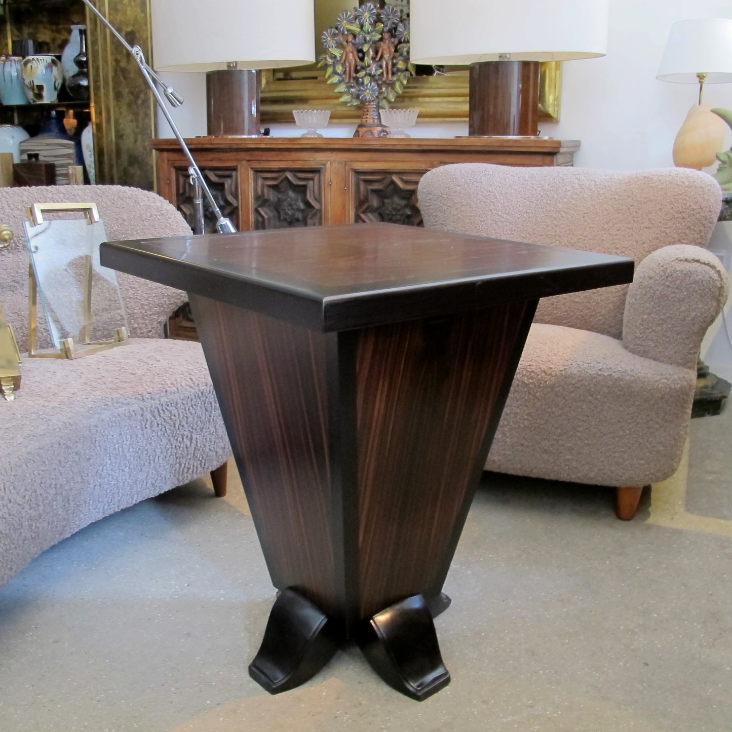 French Art Deco Walnut Veneer Side Table with Inverted Pyramid Base