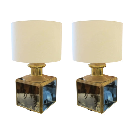 Pair of 1950s Italian Brass and Glass Table Lamps with Mirrored Panels