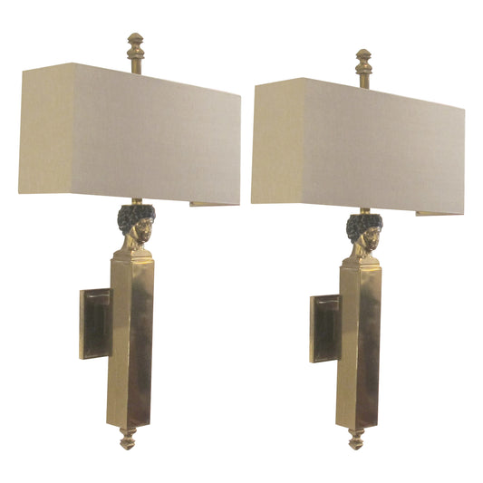 Pair of Mid-Century Spanish Brass Wall Sconces with Sculptural Bust Detail