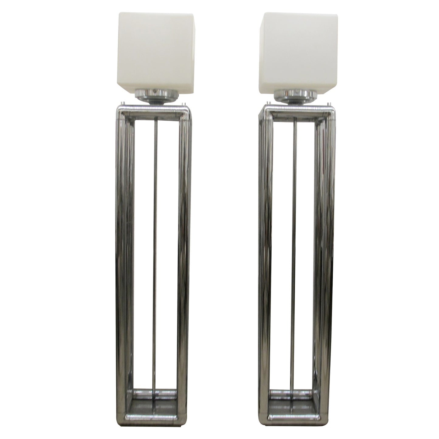 Pair of Tall 1970s Modernist Chrome Floor Lamps, Frosted Glass Cube Shades, English
