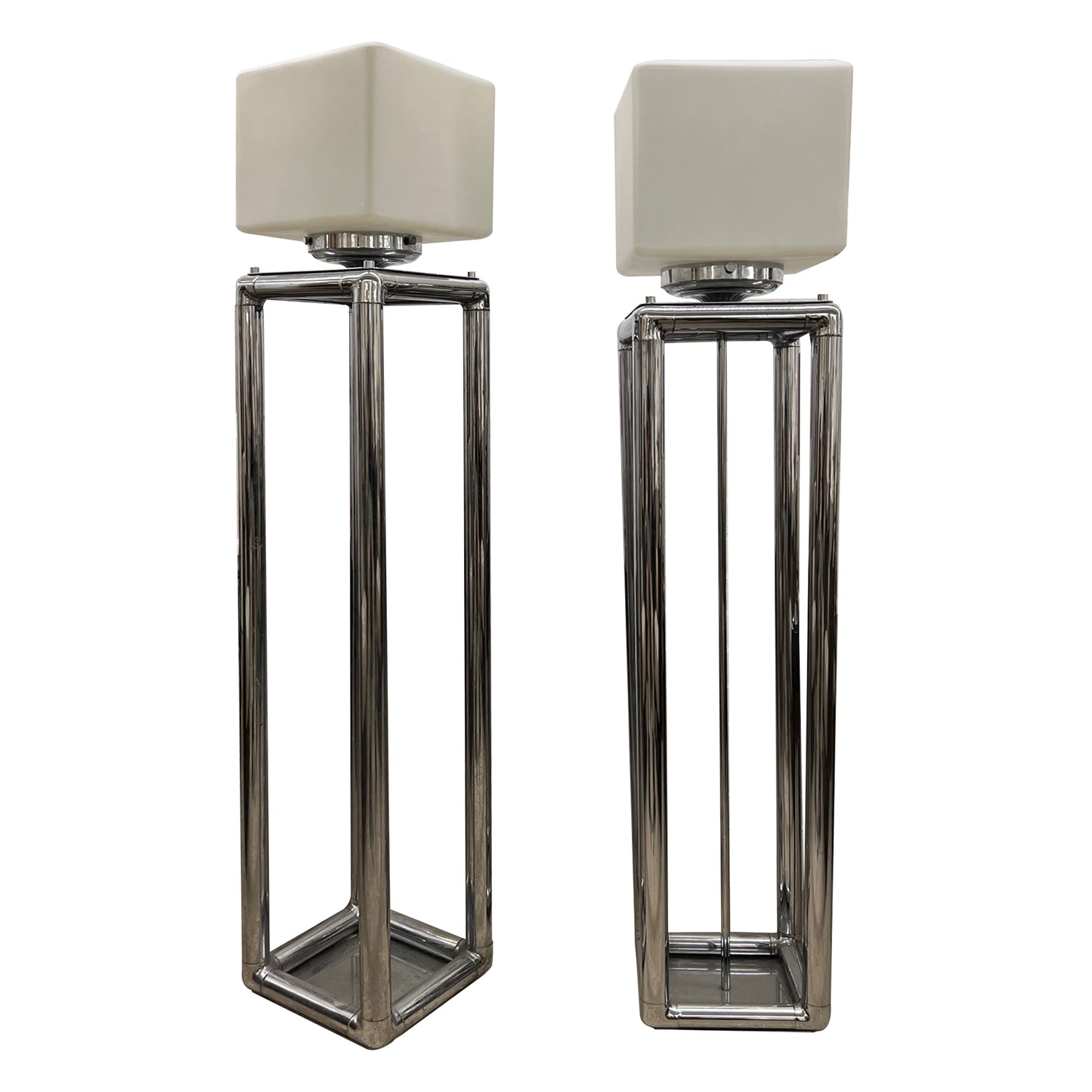 Pair of Tall 1970s Modernist Chrome Floor Lamps, Frosted Glass Cube Shades, English