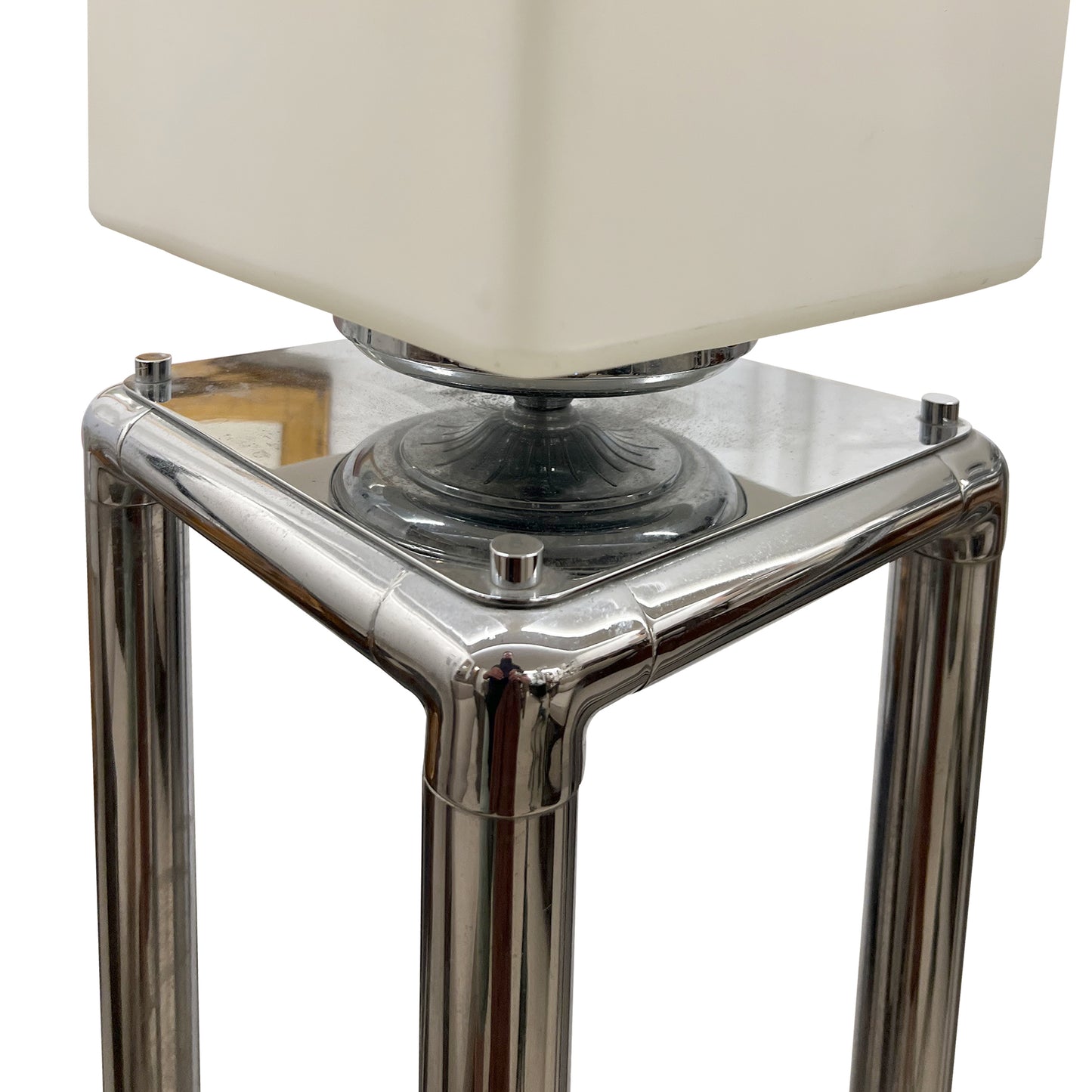 Pair of Tall 1970s Modernist Chrome Floor Lamps, Frosted Glass Cube Shades, English