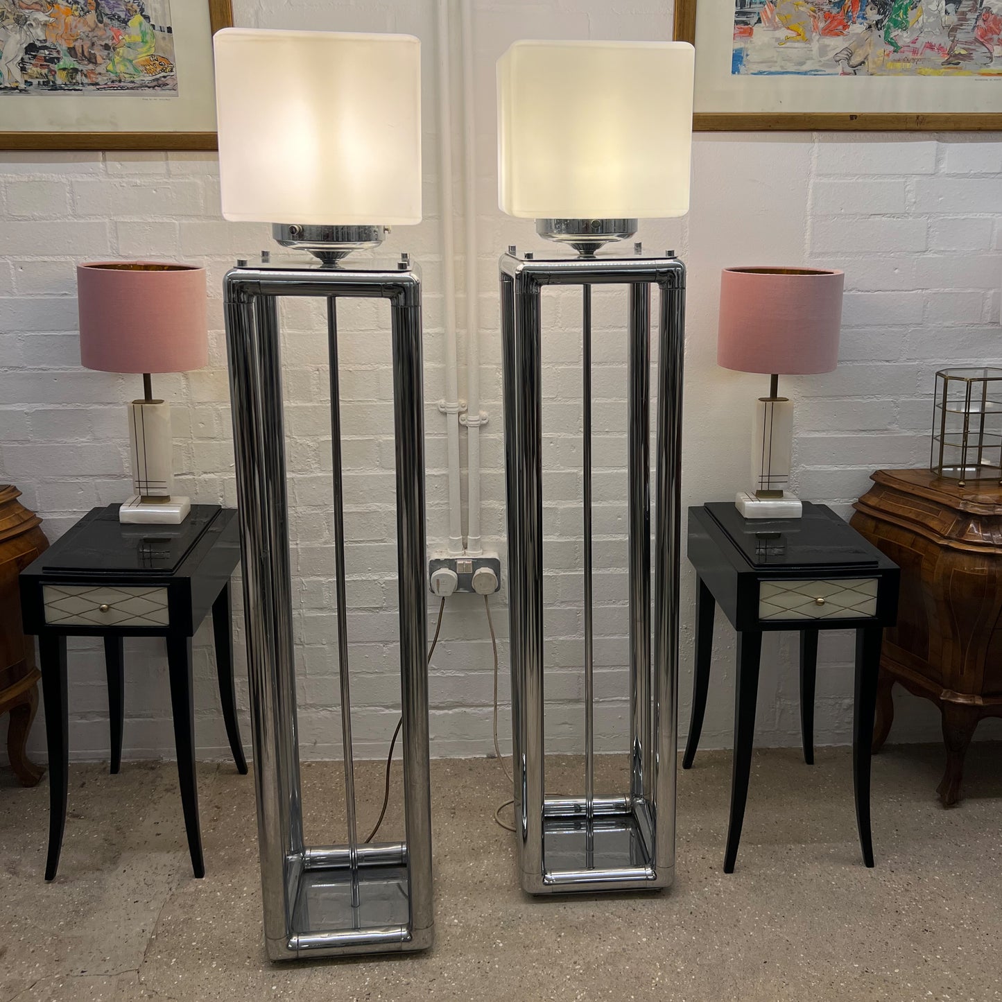 Pair of Tall 1970s Modernist Chrome Floor Lamps, Frosted Glass Cube Shades, English