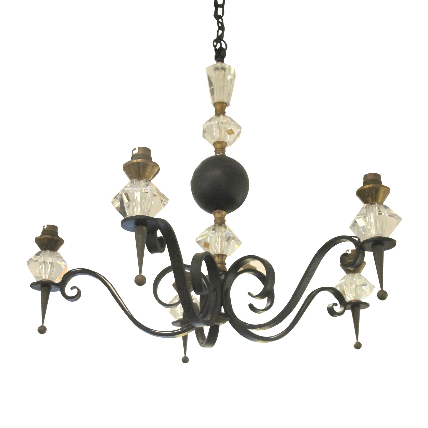 Mid-Century French Wrought Iron and Cristal de Sèvres Five-Branch Chandelier
