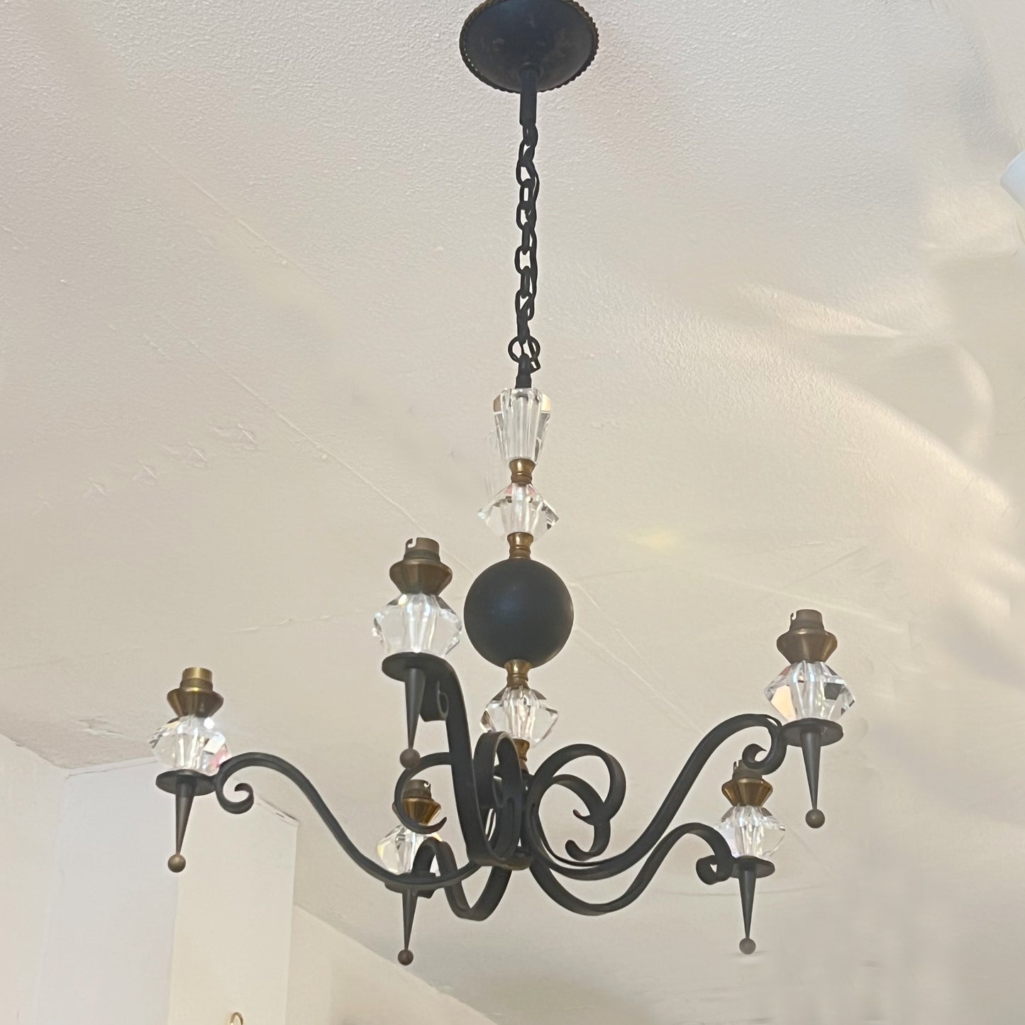 Mid-Century French Wrought Iron and Cristal de Sèvres Five-Branch Chandelier