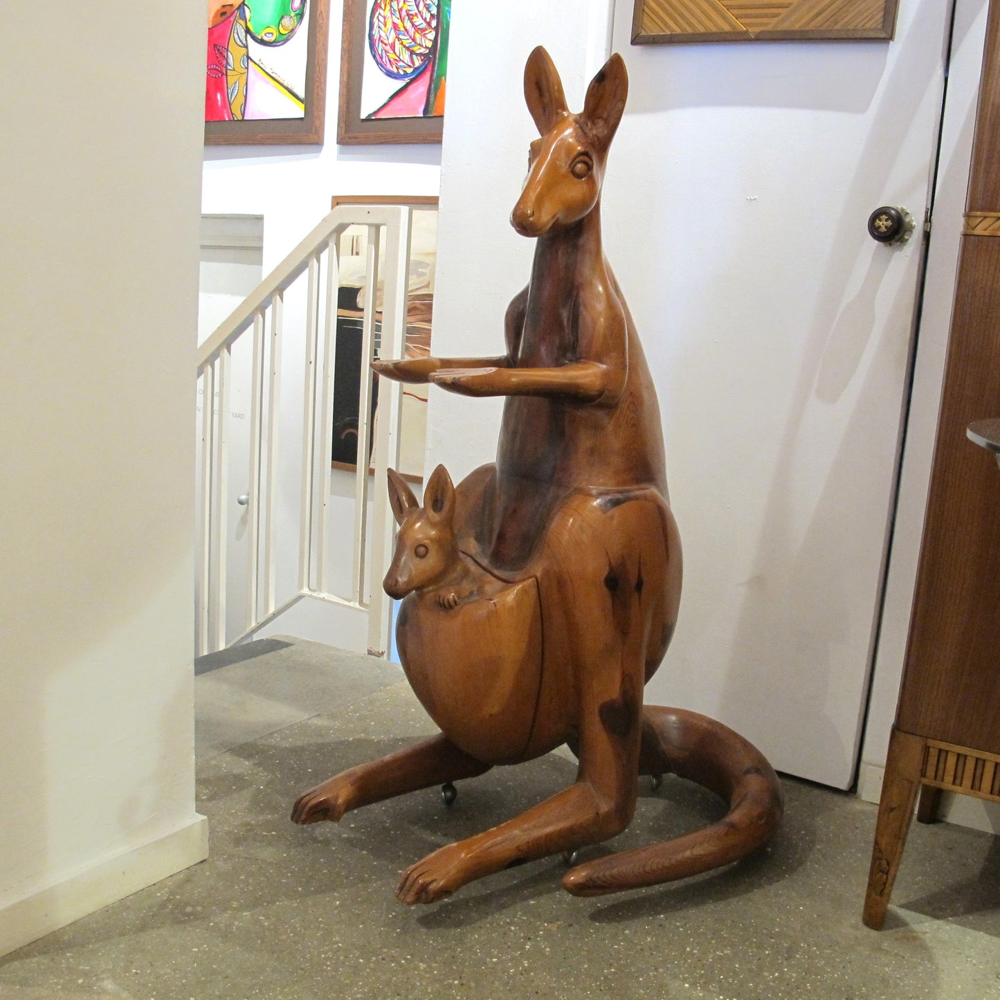 Life-Size Oak Kangaroo Sculpture on Wheels, Spain, 1960s