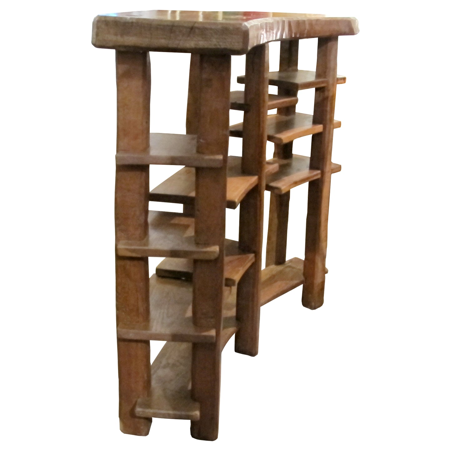 Large Mid-Century Spanish Oak Shelving Unit with Asymmetrical Tiers, 1950s