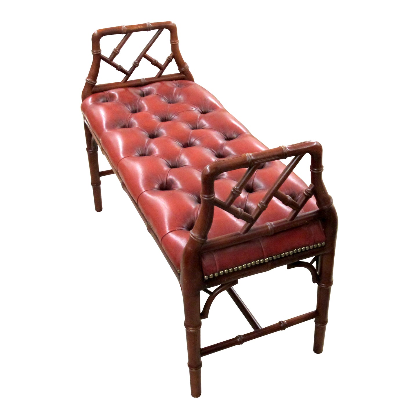 1950s English Red Leather Bench with Faux Bamboo Frame