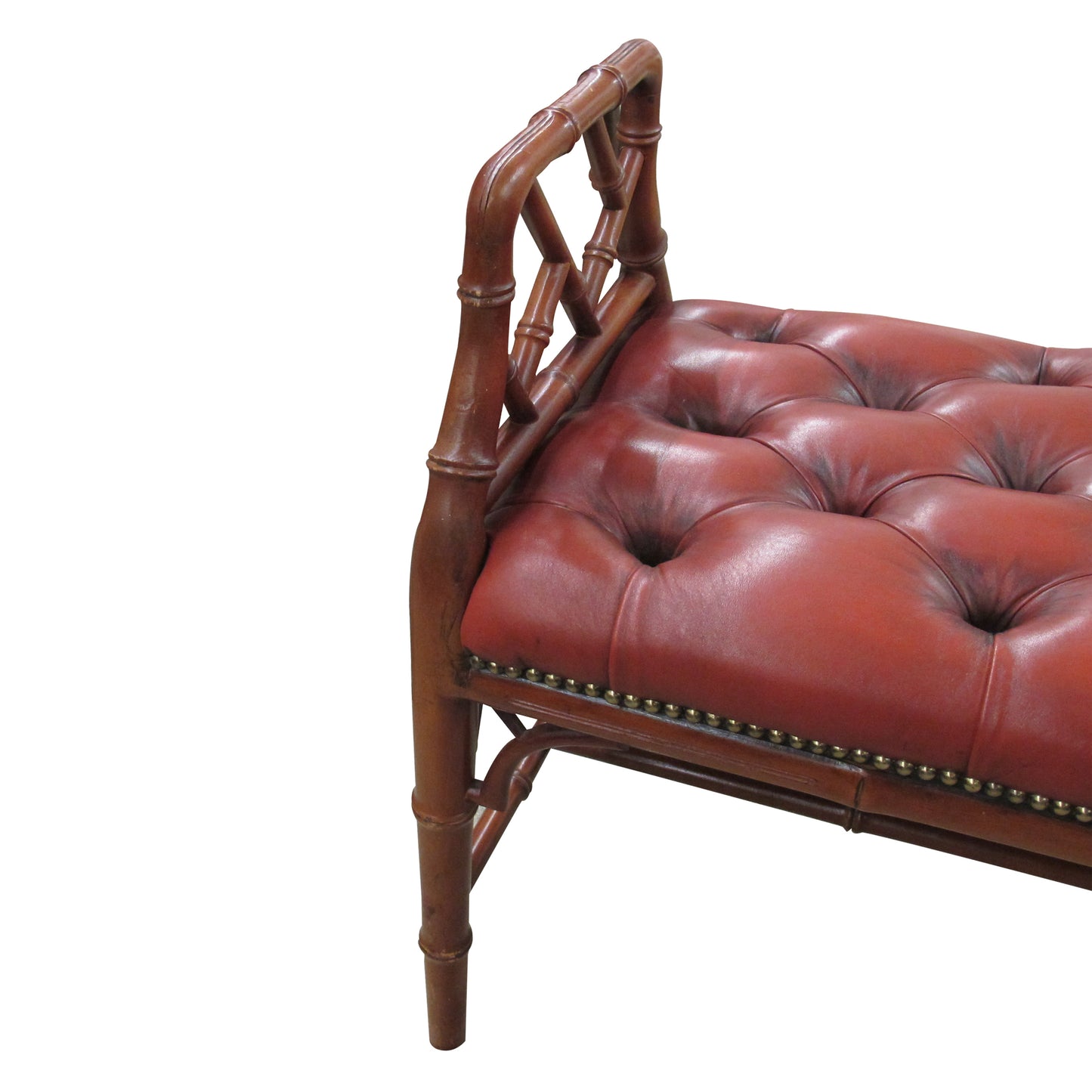 1950s English Red Leather Bench with Faux Bamboo Frame