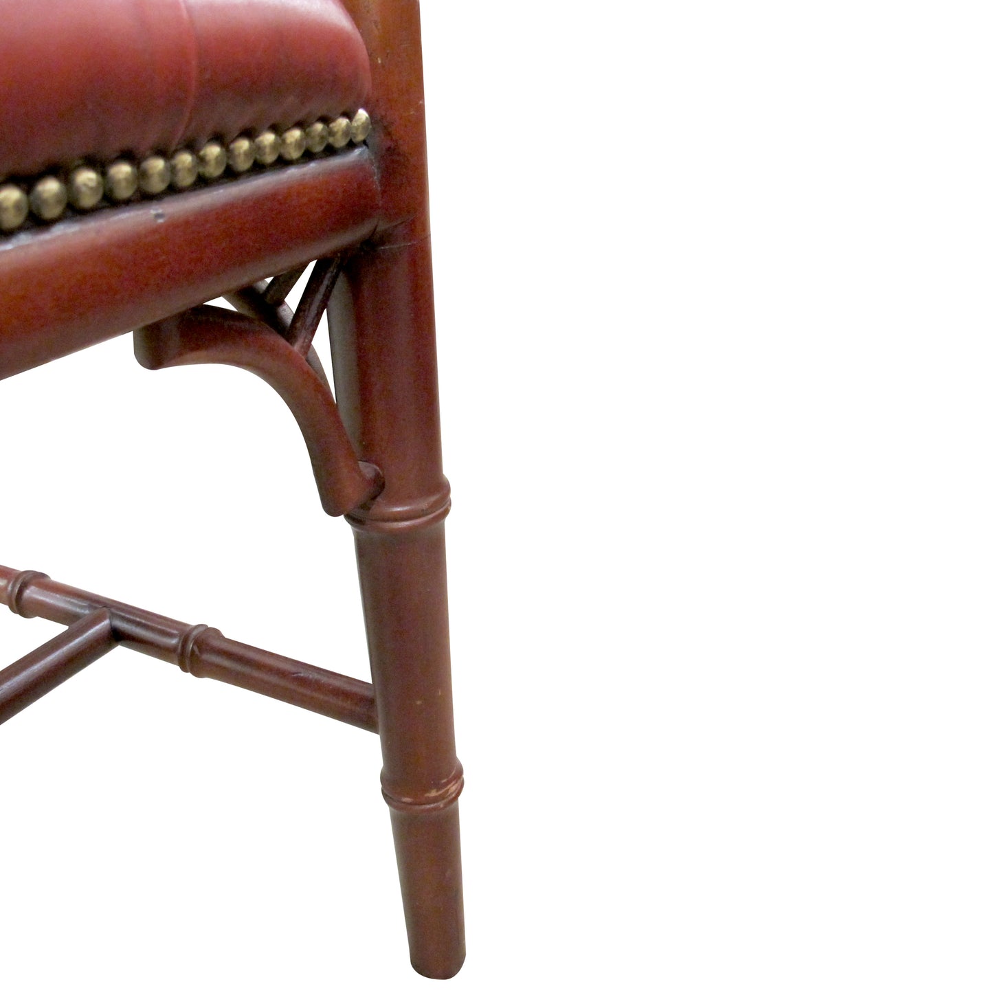 1950s English Red Leather Bench with Faux Bamboo Frame