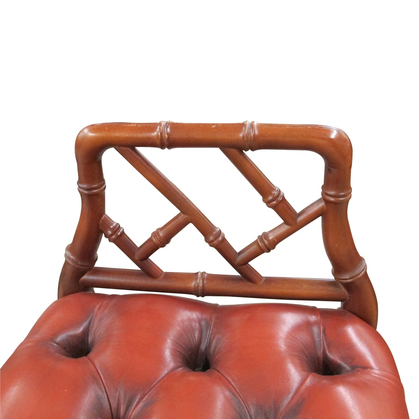 1950s English Red Leather Bench with Faux Bamboo Frame