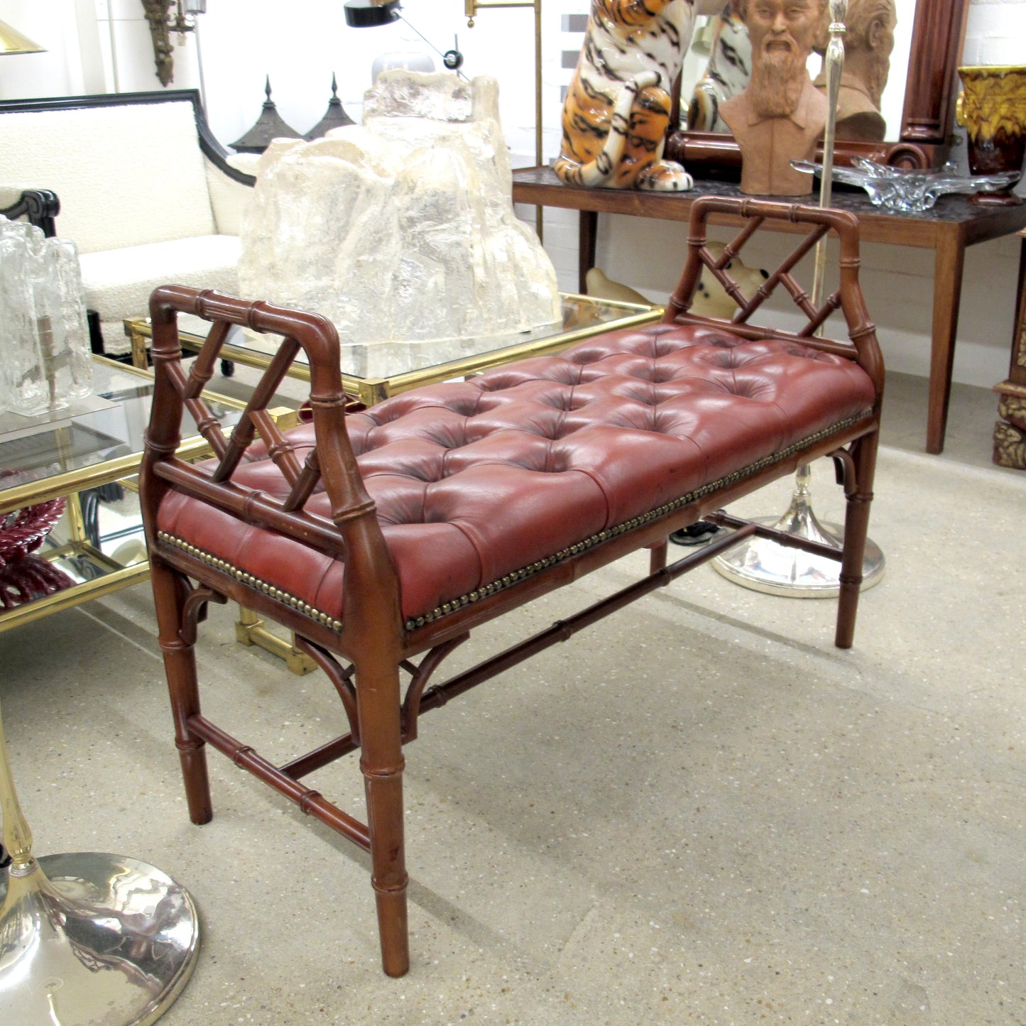 1950s English Red Leather Bench with Faux Bamboo Frame