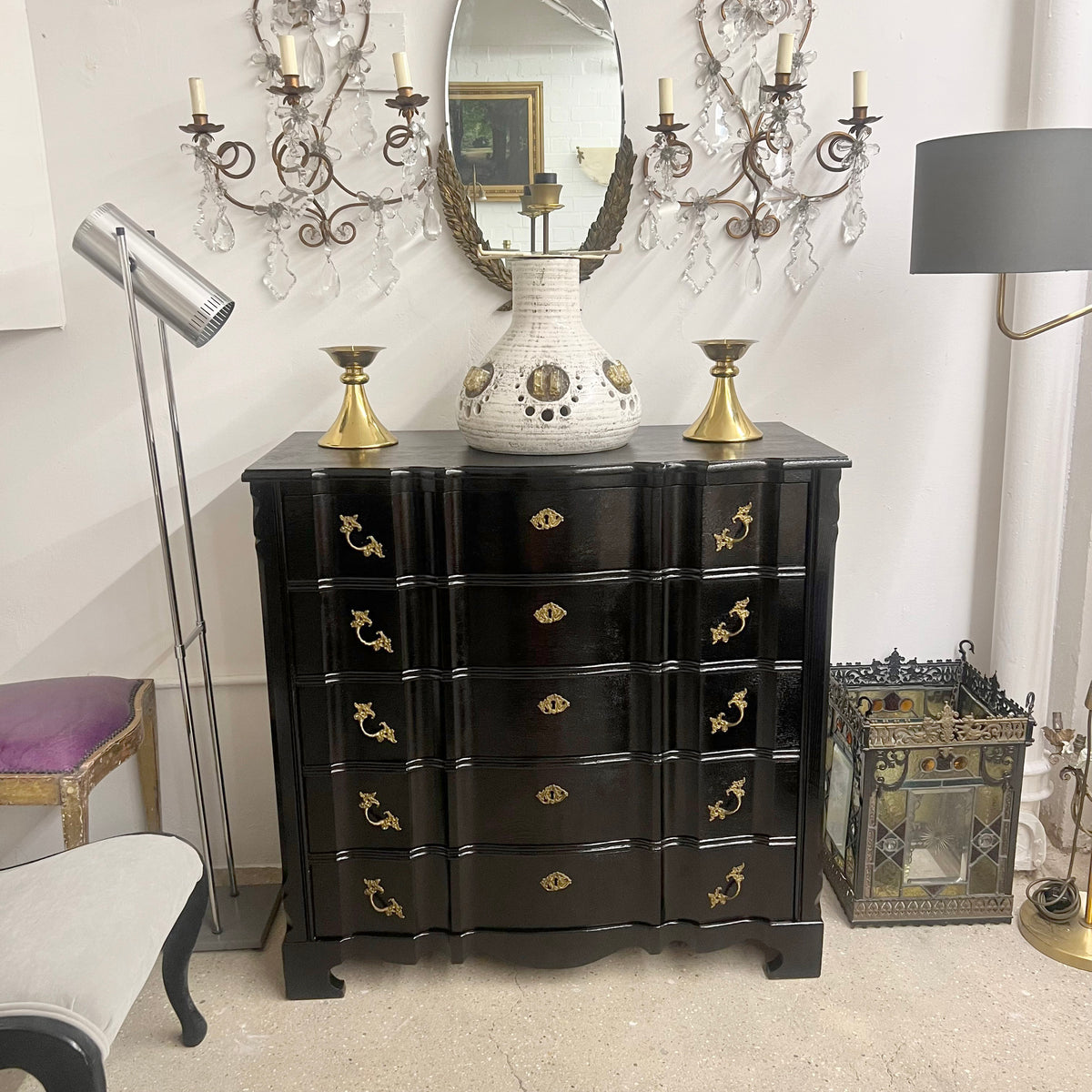Louis XIV-Style Black French Polished Chest of Drawers, French, 1950s