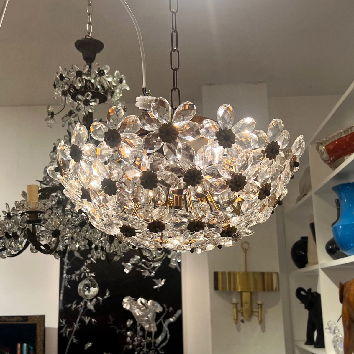 1970s Italian Banci Firenze Round Floral Crystal Ceiling Light