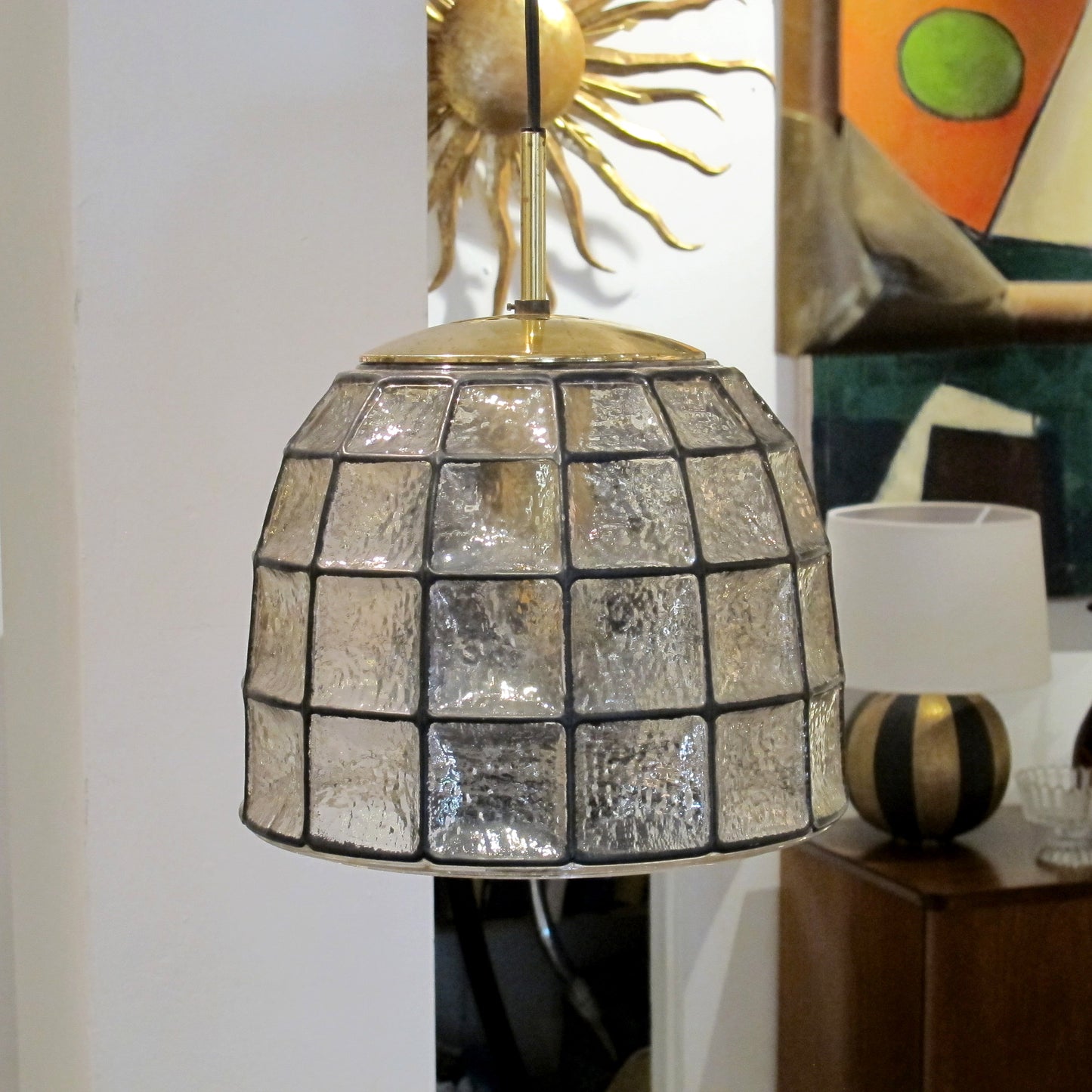 1960s Glashütte Limburg Pendant Light with Textured Glass Dome, German