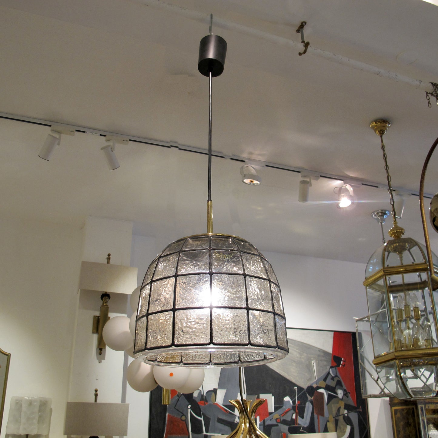 1960s Glashütte Limburg Pendant Light with Textured Glass Dome, German